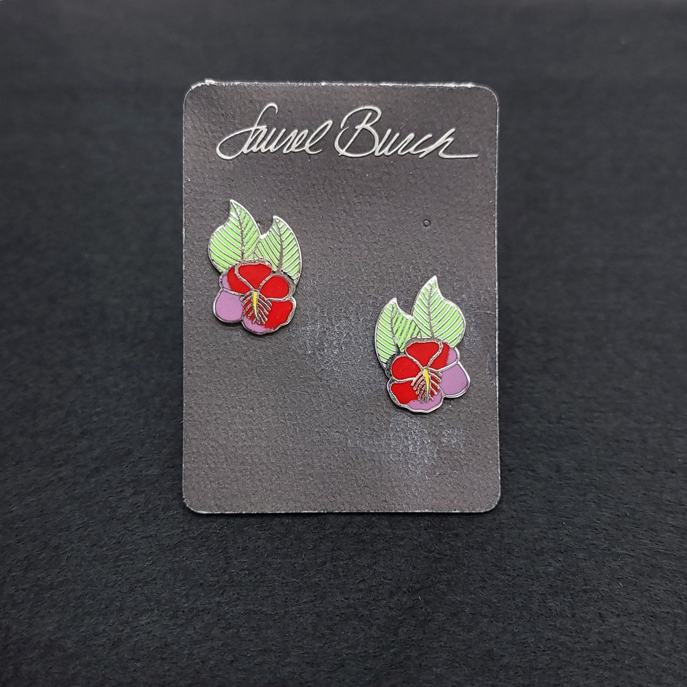 Laurel Burch Hibiscus Red Post Earrings Rhodium Plated‎ Cloisonné 1980s Jewelry